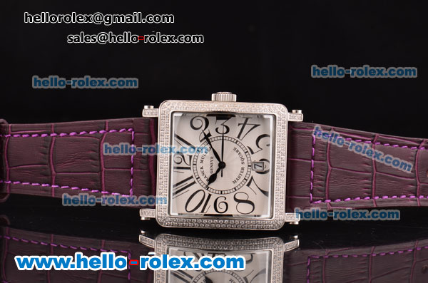 Franck Muller Master Square Swiss Quartz Steel Case with Diamond Bezel and Purple Leather Strap - Click Image to Close